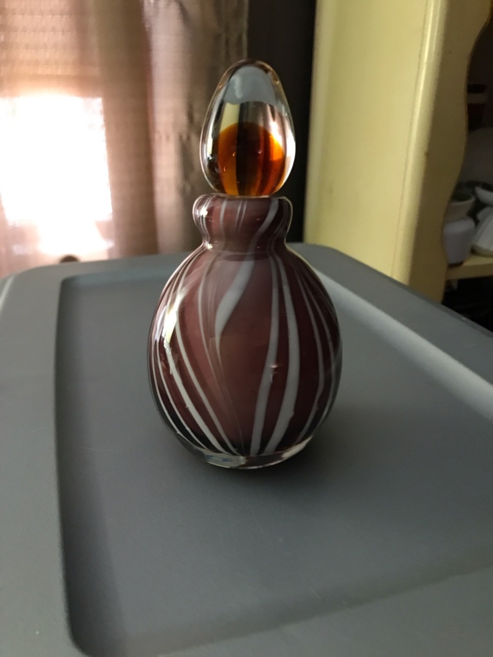 Purple and White Striped Glass Perfume Bottle with Amber Stopper
